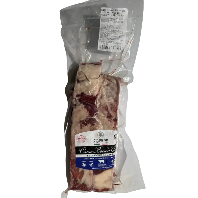 Packaged meat with a label on a white background