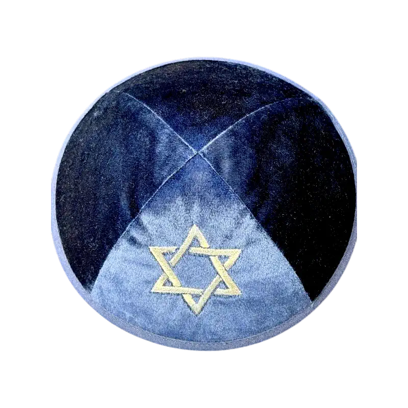 Velvet Kippah (Yarmulke) – Star of David Embroidery (Blue)