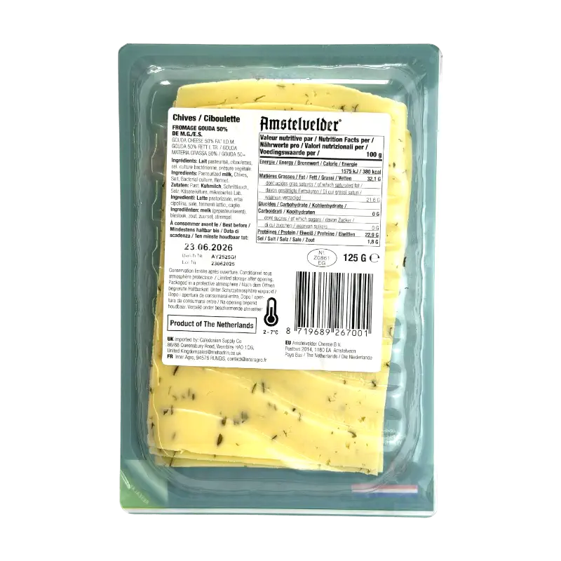 Amstelvelder Kosher Gouda Cheese Slices with Chives Dairy Product 125g