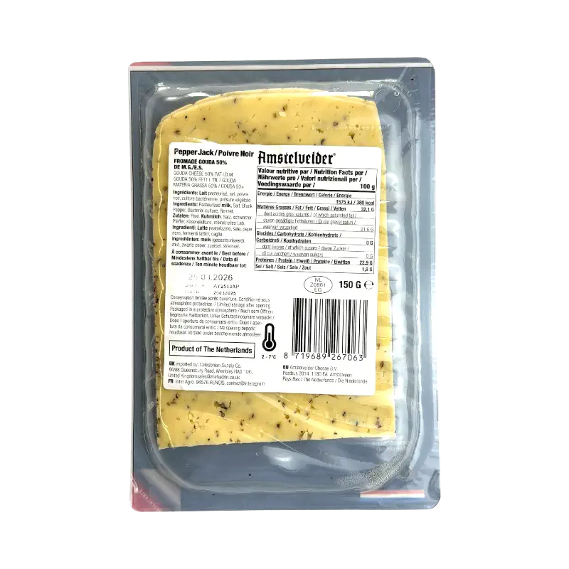 Amstelvelder Kosher Gouda Cheese Slices with Black Pepper Dairy Product 150g