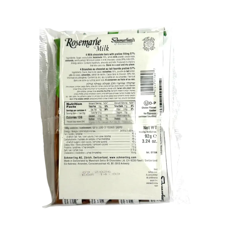 Schmerling's Rosemarie Milk Chocolate Bars with Praline Filling 92g