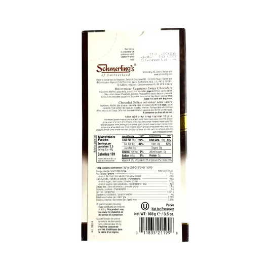 Schmerling's Noir Sugarless Bittersweet Swiss Chocolate 100g