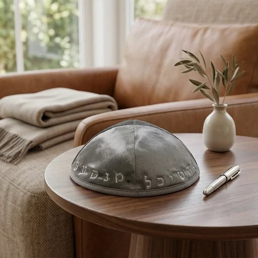 Gray corduroy kippah "Alphabet"