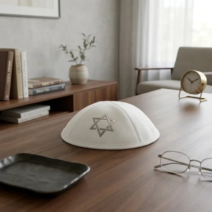 Kippah Ultra Suede White «Silver Magen David»