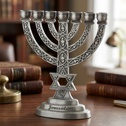 Menorah "Jerusalem" Pewter Finish 10 cm