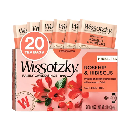 Wissotzky Rosehip & Hibiscus Herbal Tea, 20 Tea Bags | Exotic Blend | Caffeine Free Tea | Immune Boost