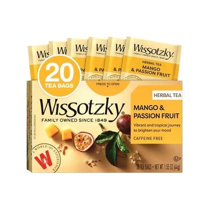 Wissotzky Mango & Passion Fruit Tea (20 Tea Bags) Caffine Free, Made With Premium Fruit & Herbal Tea Leaves