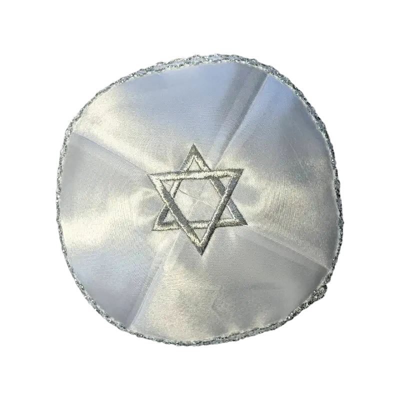 Satin Kippah (Yarmulke) – Star of David Embroidery (White/Silver)