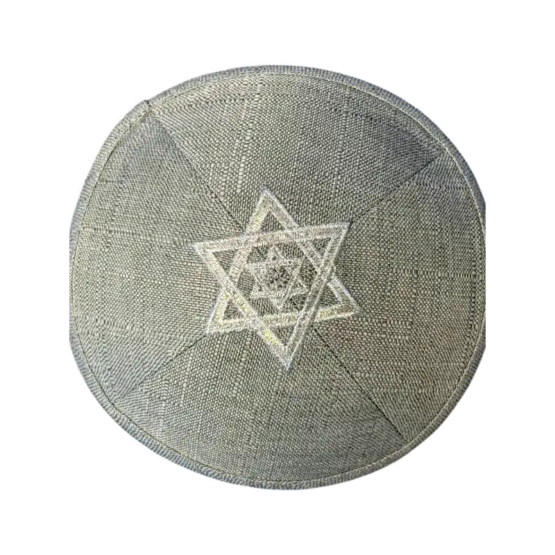 Textured Fabric Kippah (Yarmulke) – Star of David Embroidery (Olive/Beige)