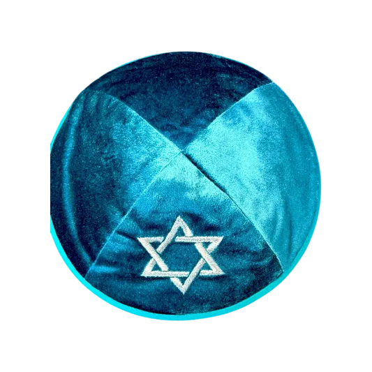 Velvet Kippah (Yarmulke) – Star of David Embroidery (Turquoise/Teal)