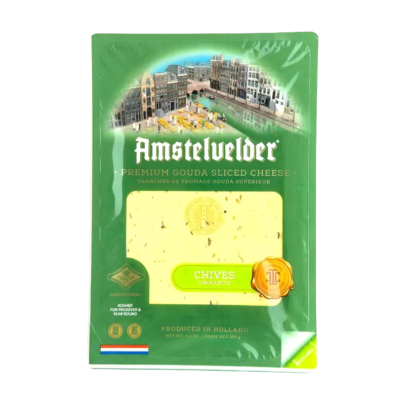 Amstelvelder Kosher Gouda Cheese Slices with Chives Dairy Product 125g