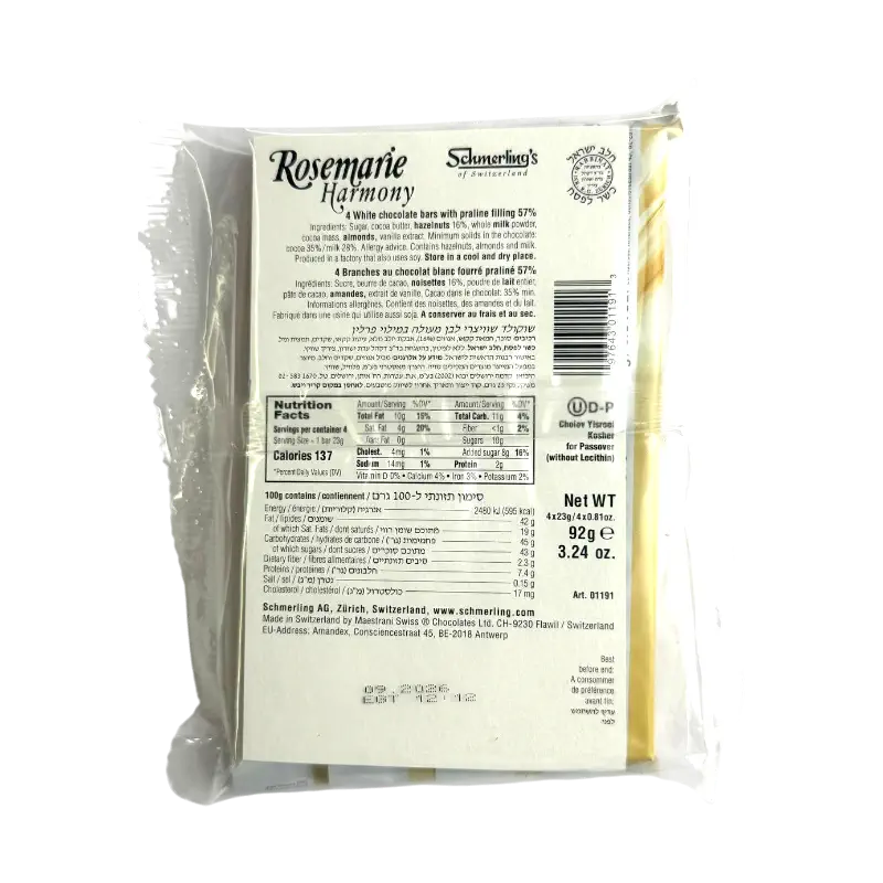 Schmerling's Rosemarie Harmony White Chocolate Bars with Praline Filling 92g