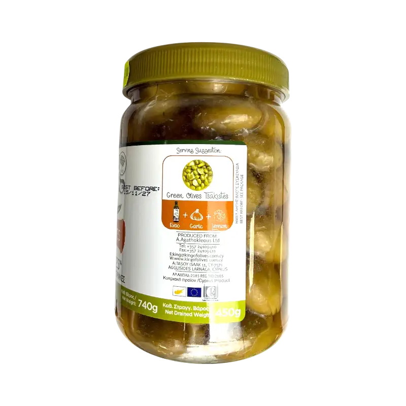 King of Olives Tsakistes Green Olives – Cracked Green Olives in Brine (740 g)
