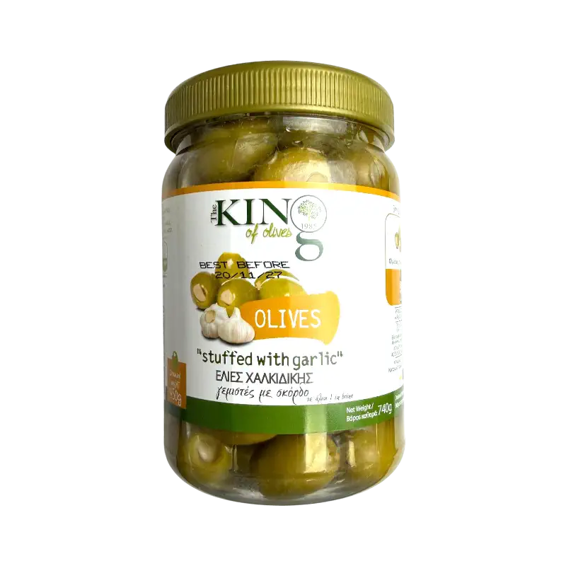 King of Olives Chalkidikis Green Olives Stuffed with Garlic – Green Olives in Brine (740 g)