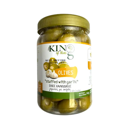 King of Olives Chalkidikis Green Olives Stuffed with Garlic – Green Olives in Brine (740 g)