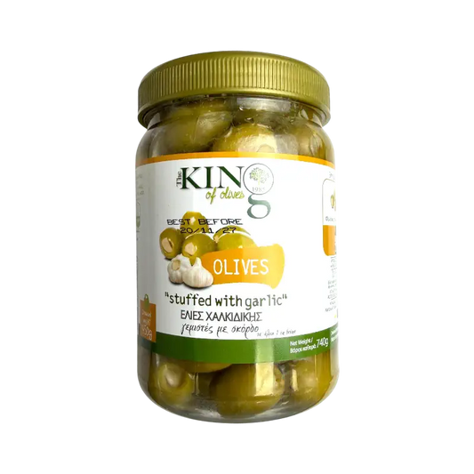 King of Olives Chalkidikis Green Olives Stuffed with Garlic – Green Olives in Brine (740 g)