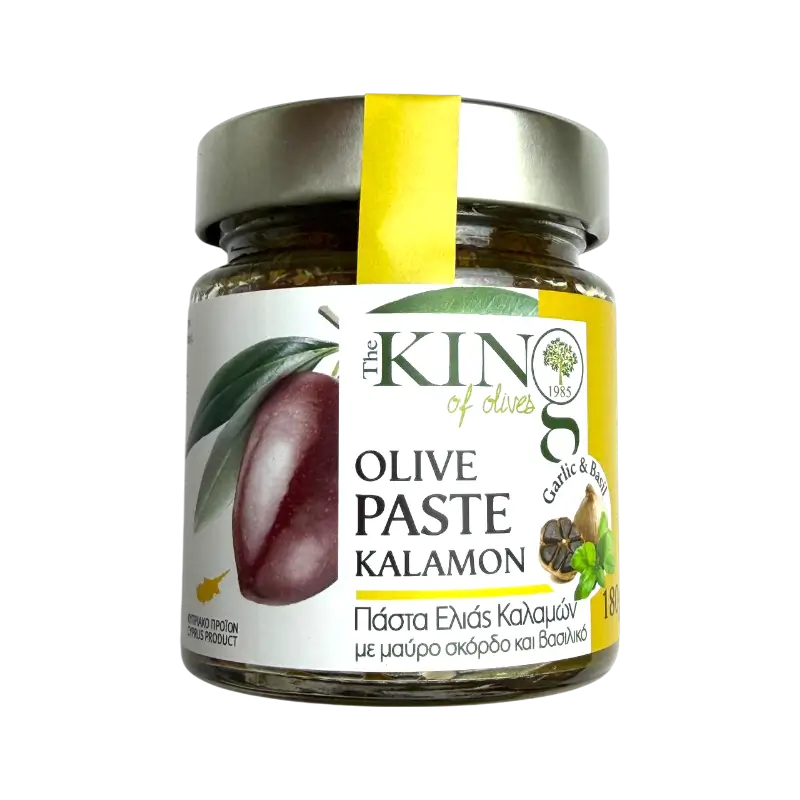 King of Olives Kalamon Olive Paste with Black Garlic & Basil – Olive Spread (180 g)