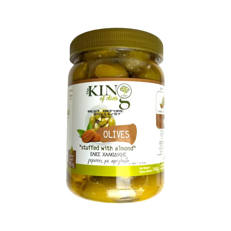 King of Olives Chalkidikis Green Olives Stuffed with Almond – Green Olives in Brine (740 g)