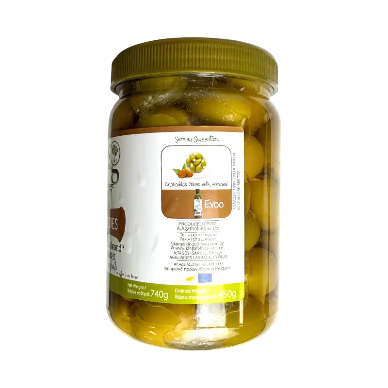 King of Olives Chalkidikis Green Olives Stuffed with Almond – Green Olives in Brine (740 g)