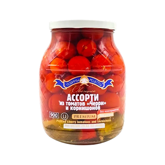 Pickled Cherry Tomatoes & Gherkins Assorted (Premium) 840g – Teshini Rezepty