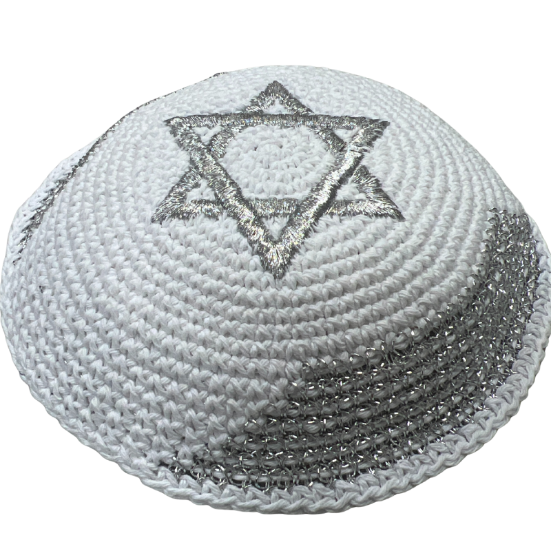 White knitted kippah "Silver Israel Flag"